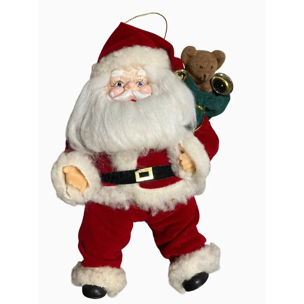 Santa Claus Doll Vintage Ornament With Teddy Bear & Bell